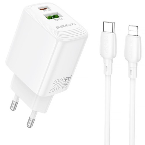 МЗП Borofone BN27 Fuente PD20W+QC3.0 (1USB-A/1C) + кабель Type-C to Lightning