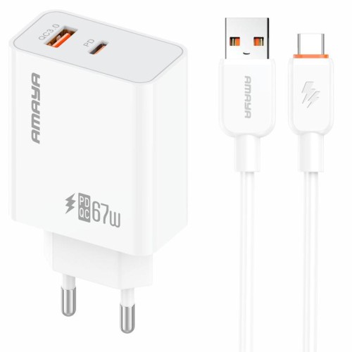 МЗП Amaya E72D PD67W+QC3.0 (1USB-A/1C) + кабель USB to Type-C МЗП Amaya E72D PD67W+QC3.0 (1USB-A/1C) + кабель USB to Type-C