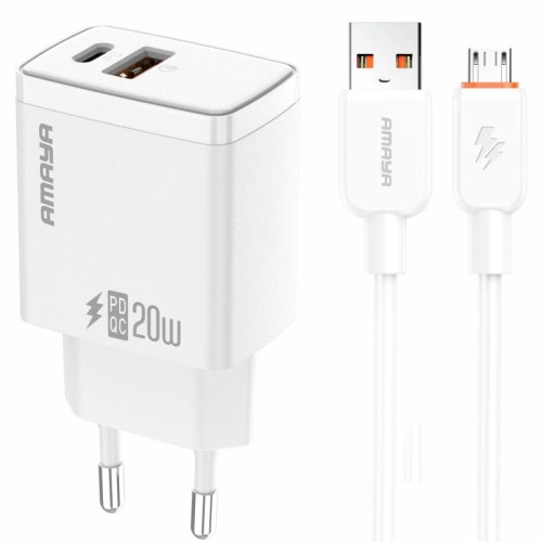 МЗП Amaya E67D PD20W+QC3.0 (1USB-A/1C) + кабель USB to MicroUSB МЗП Amaya E67D PD20W+QC3.0 (1USB-A/1C) + кабель USB to MicroUSB