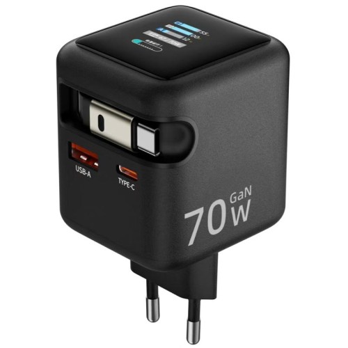 МЗП Amaya E700D PD70W+QC3.0 GaN (1USB-A/1C) + Retractable Cable Type-C МЗП Amaya E700D PD70W+QC3.0 GaN (1USB-A/1C) + Retractable Cable Type-C