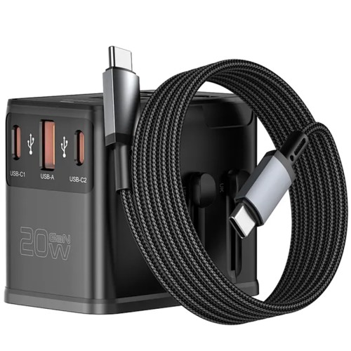 Мережевий універсальний перехідник WIWU UA013 20W GaN + 1USB-A/2C with retractable cable Type-C Мережевий універсальний перехідник WIWU UA013 20W GaN + 1USB-A/2C with retractable cable Type-C
