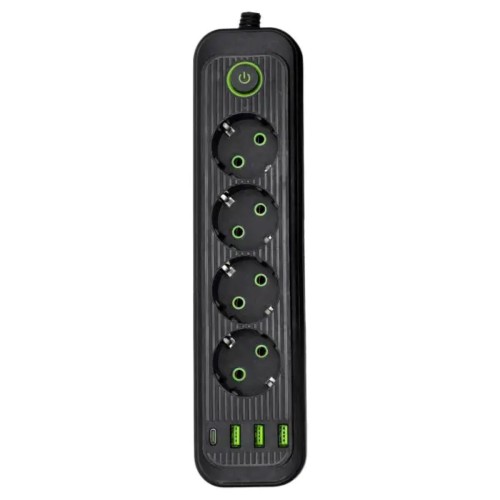 Мережевий фільтр-подовжувач 4 розетки 3xUSB-A 1xUSB-C 3м чорний HP-5-38M