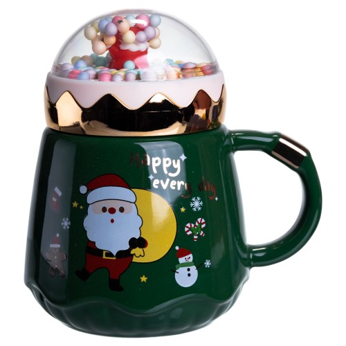 Чашка порцелянова з кришкою Christmas 400 (мл) Зелена Yiwu FM-CS-41A